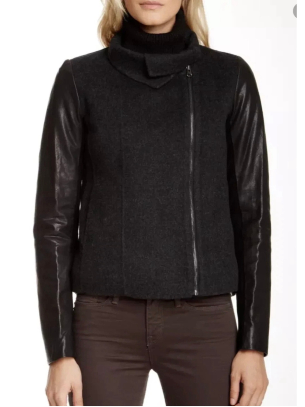 Vince Women’s L Wool Blend Moto Jacket Genuine Leather Sleeves Charcoal Gray